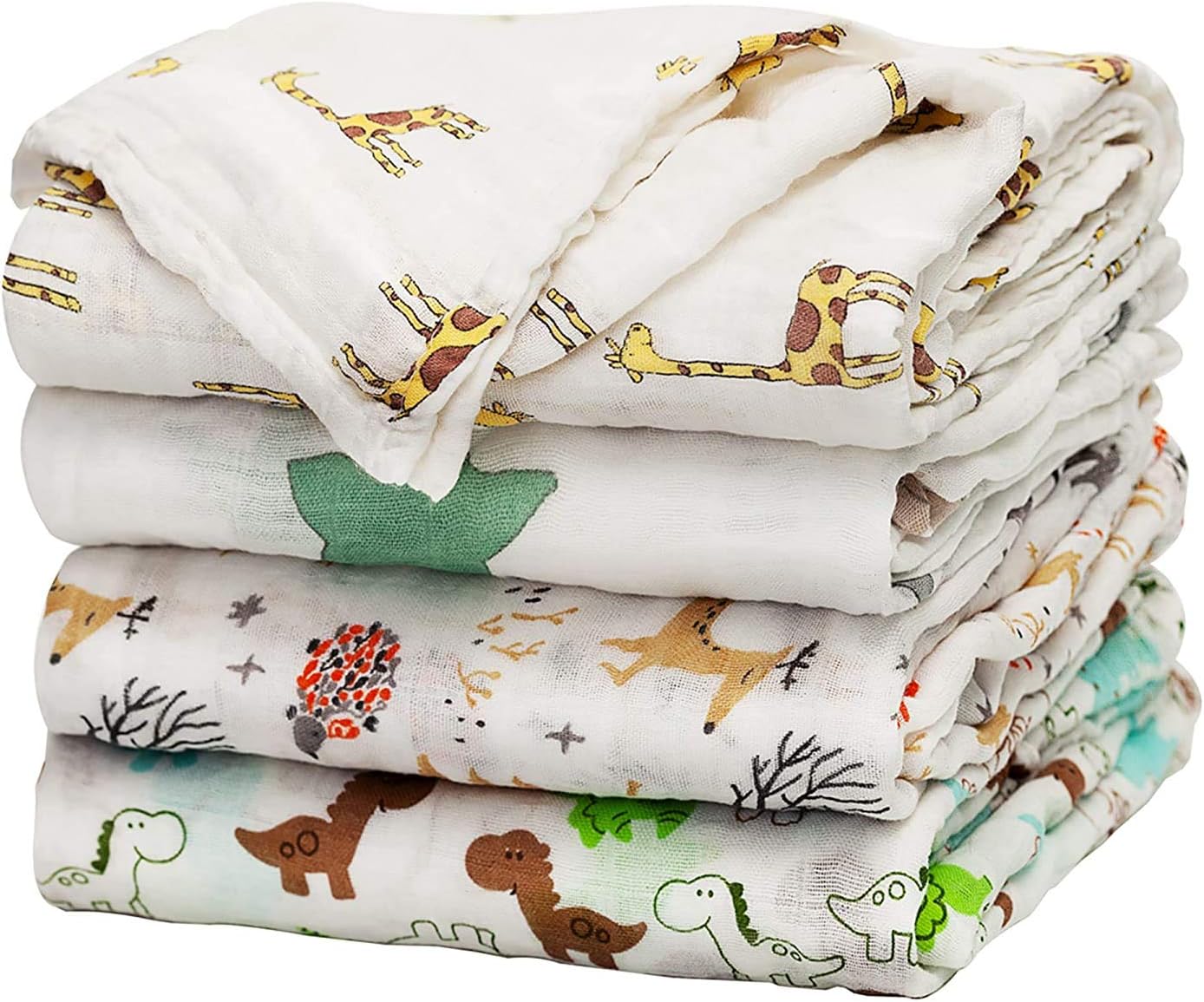 Eco Mom Muslin Swaddle Blankets for Babies and Toddlers (100% Organic Cotton) LARGE 47 x 43 Inches, Ultra Soft and Silky Swaddle Wrap, Burp Cloth UNISEX, 4 Pieces- Fox/Elephant/Giraffe/Dinosaur