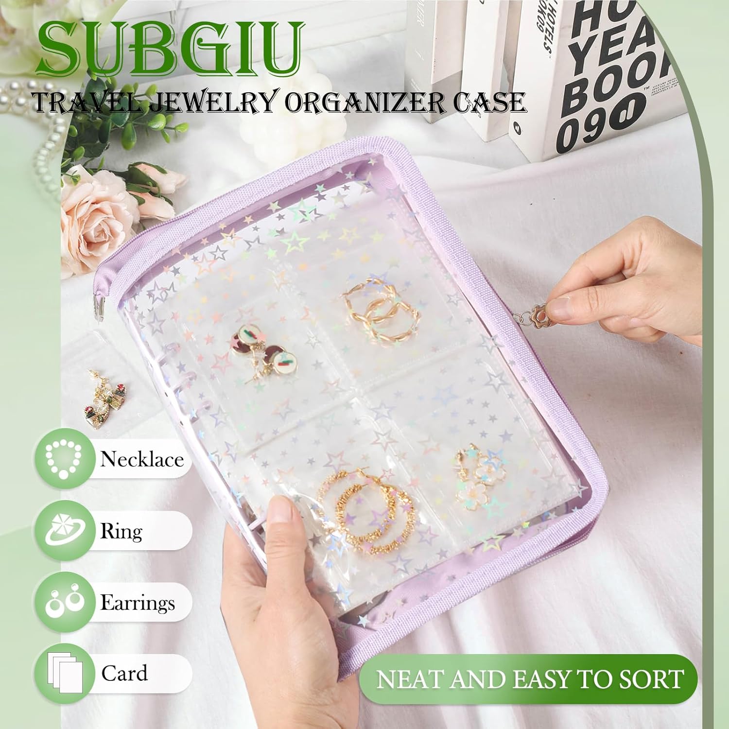 Jewelry Organizer Case Travel Clear Earring Organizer Case Transparent Jewelry Storage Book with Clear Zippered Jewelry Pouch (Purple, Set Pack of 2 Jewelry books)