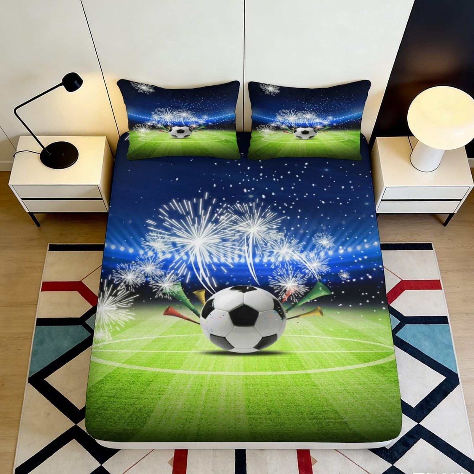 3D Printed Football Stadium Fitted Sheet Microfiber Soft Breathable Fireworks Bed Cover for Bedroom Dorm Mattress Protection Decor 90x200x25cm