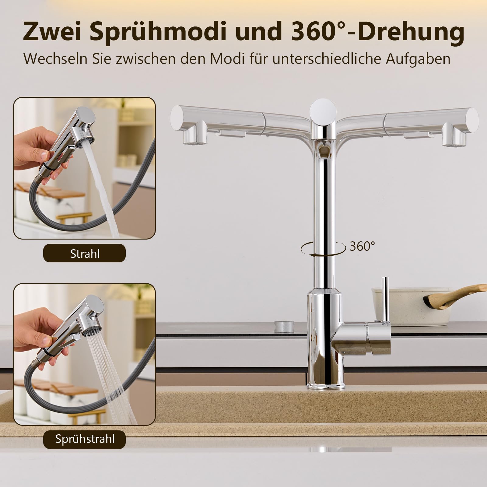 Wasserhahn Küche, Küchenarmatur mit Brause Ausziehbar | Wasserhahn Küche Ausziehbar, Armatur Küche Hochdruck, Mischbatterie 2 Strahlarten, Spültischarmatur Chrom