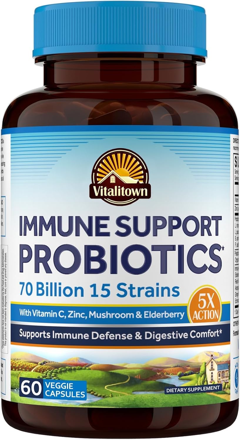 Vitalitown Probiotics 70 Billion CFU, Immune Support Probiotics Supplement, 15 Clinical-Strength Strains, with Vitamin C, Zinc, Elderberry & Echinacea, Digestive Health, 60 Vegan Capsules, Non-GMO