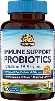 Vitalitown Probiotics 70 Billion CFU, Immune Support Probiotics Supplement, 15 Clinical-Strength Strains, with Vitamin C, Zinc, Elderberry & Echinacea, Digestive Health, 60 Vegan Capsules, Non-GMO