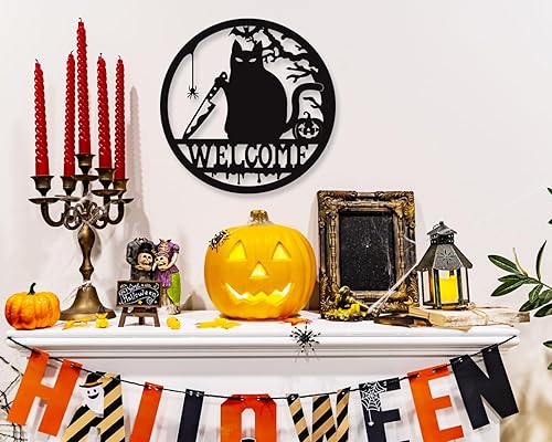 Miniatura 8 de Letrero de bienvenida gótico, decoración de Halloween, letrero de bienvenida de gato de 12 x 12 pulgadas, decoración de metal para porche al aire