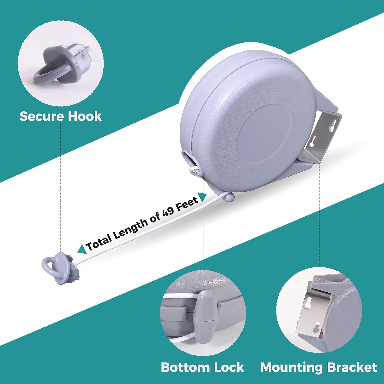 CROS Retractable Clothesline 49FT – Heavy Duty Portable Indoor & Outdoor Laundry Drying Line with Wall Mount, PVC Retractable Clothes Line for Clothes, Towels, Sheets – Easy Install & Space Saving