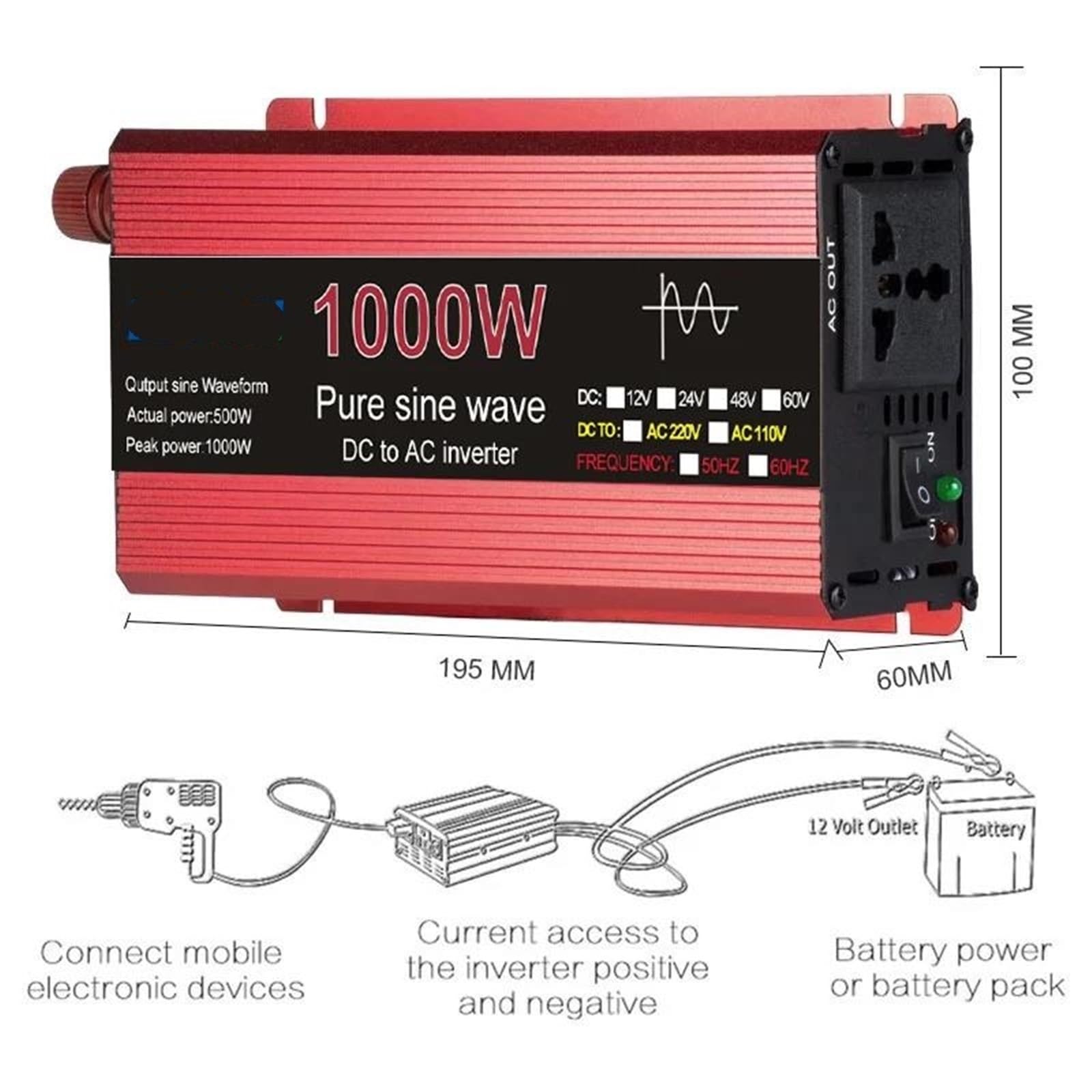 Inversor Inversor De Onda Sinusoidal Pura 1600W/2200W/3000W 12V/24V A CA 110V/220V Transformador Voltaje Convertidor Potencia Inversor Solar(12V,1600W)