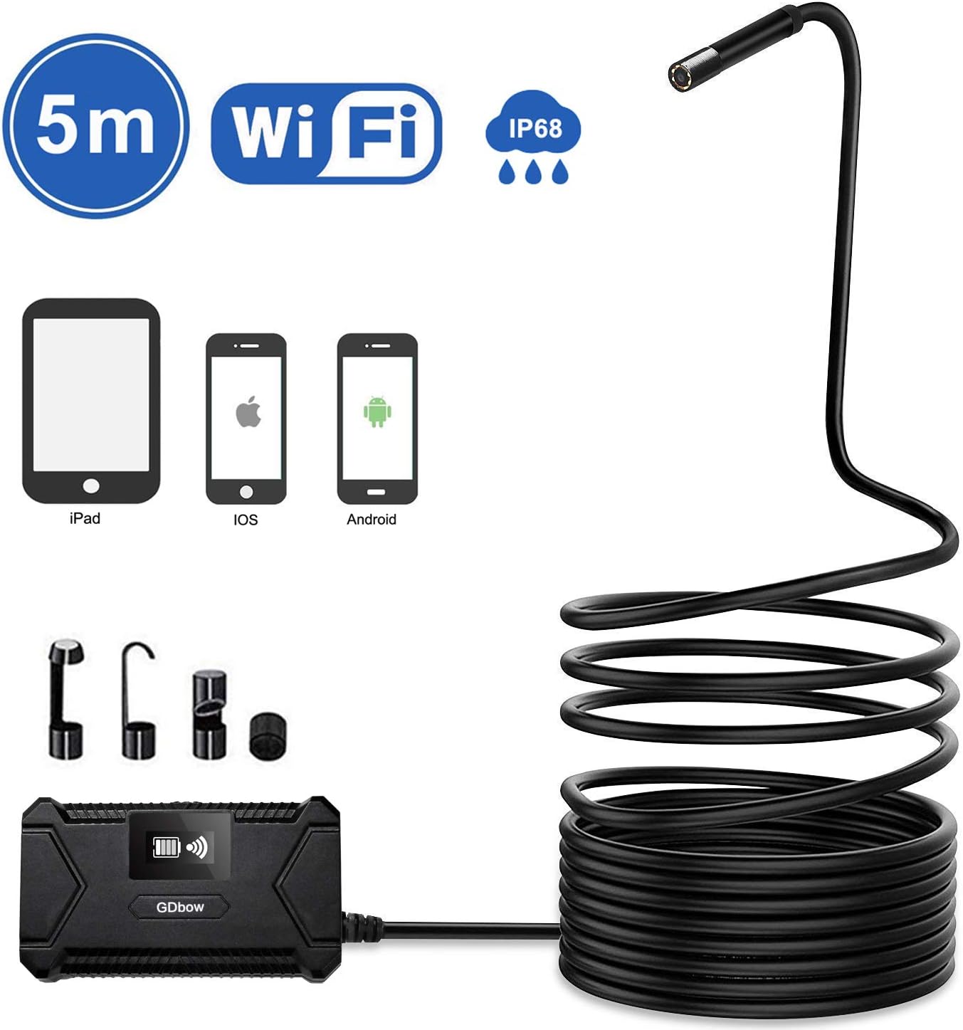 Endoscope, WiFi Borescope, WiFi Inspection Camera, with Long View Range, from 4cm to 5 Meters 1080P HD Wireless Endoscope, 2 MP and 8mm Waterproof Lens for iOS and Android -16.5ft