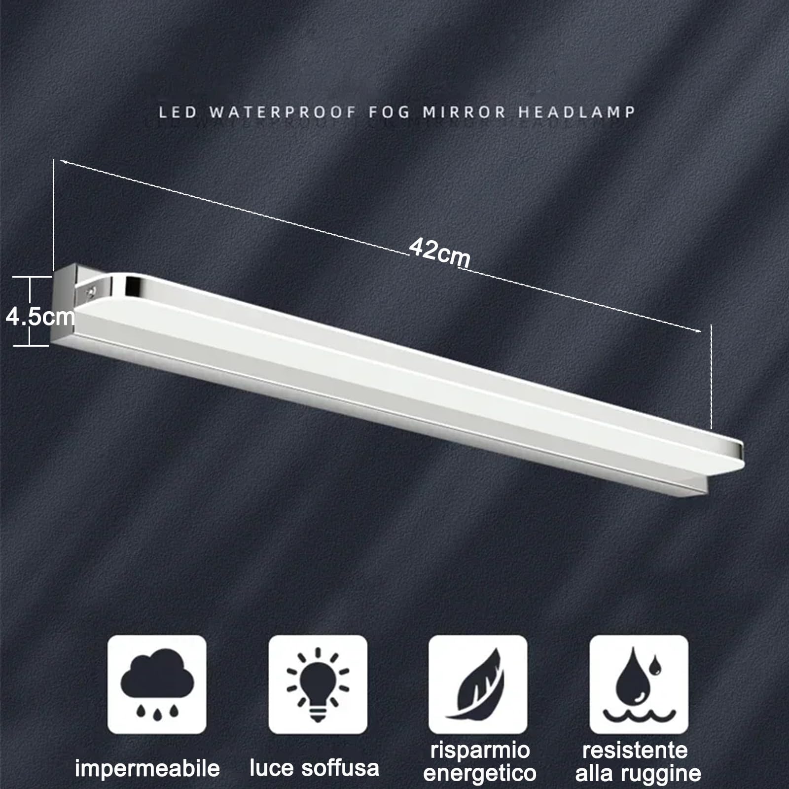 Lampada da Specchio per Bagno 42cm 9W - Lampada da Parete in Acciaio Inox, LED 4000K 6000K (Bianco Freddo)
