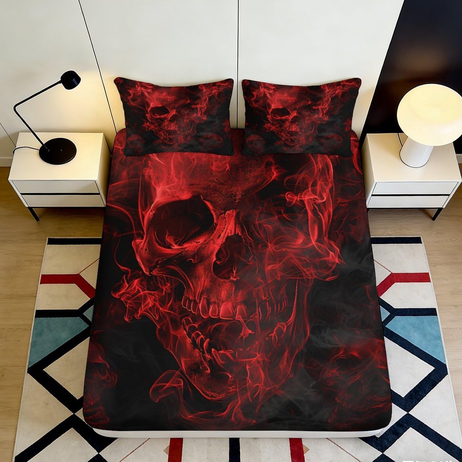 3D Printed Red Skull Fitted Sheet Microfiber Soft Breathable Red Smoke Bed Sheet for Bedroom Dormitory Guest Room Mattress Protection Decor 120x200x25cm