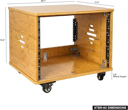 Miniatura 2 de Sound Town Estante de estudio de bambú carbonizado sólido de 8U con profundidad de 16 pulgadas, ventilación, patas de goma, ruedas para sala de