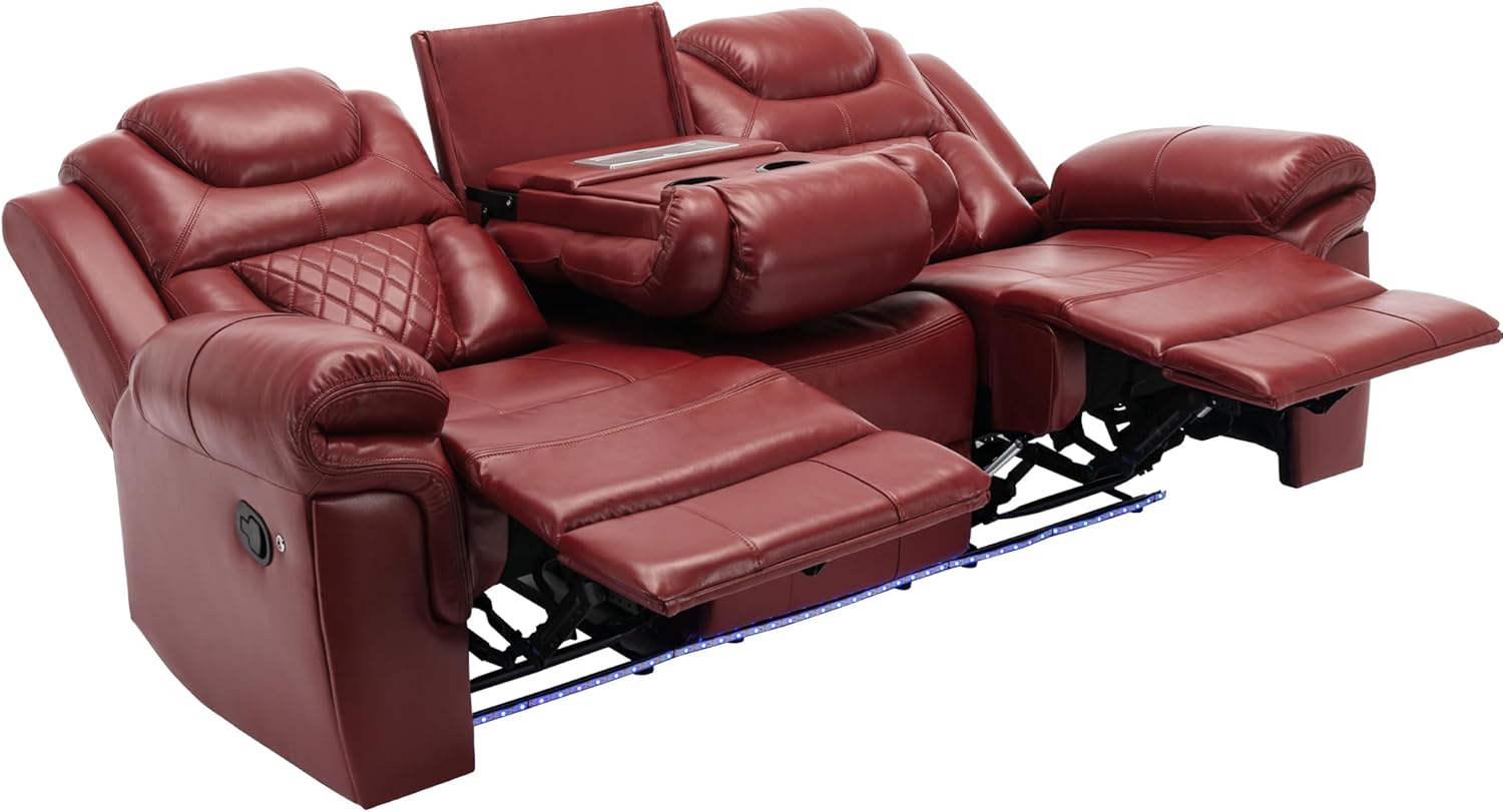 Ball & Cast 83" Livingroom Sofa Set with LED Light Strip,Luxury Manual Recliner Leather Couch W/USB & Socket,Center Console & Cup Holders,3-Seat Lazy Chair for Home Theater Movie Night Enjoyment,Red