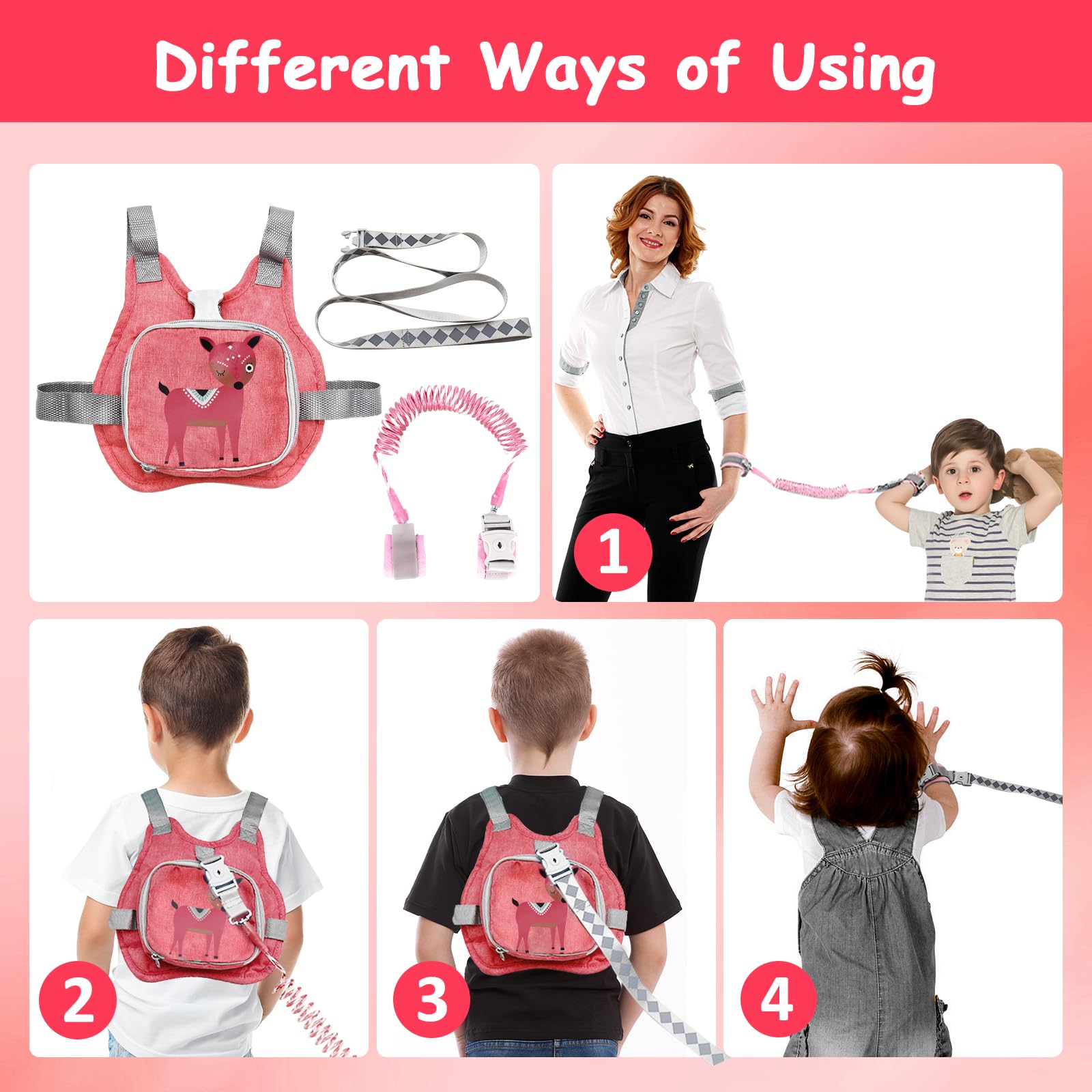 Laisse de Sécurité pour Enfants, Sac à Dos en Laisse pour Enfants 4-in-1, Sac a Dos Laisse Enfant avec Harnais Poignet Enfant Securite, Harnais en Laisse pour Enfants 1 2 3 4 5 ans