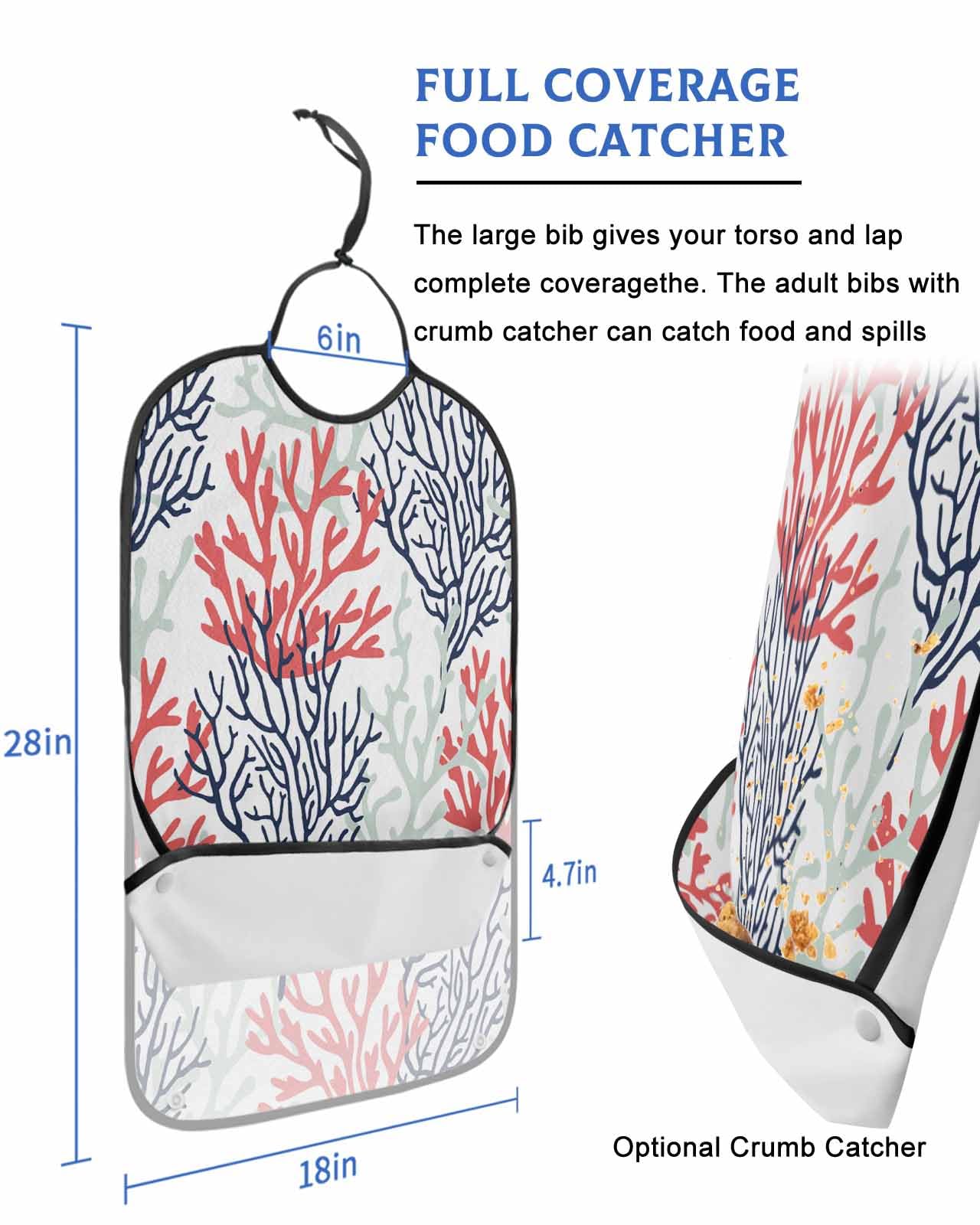 LEOKOTI Red Navy Blue Coral Coastal Adult Bibs for Eating, Waterproof Bibs with Food Catcher & Snap Closure, Summer Beach Seaside Nautical Washable Clothing Protectors Adult Bibs for Elderly