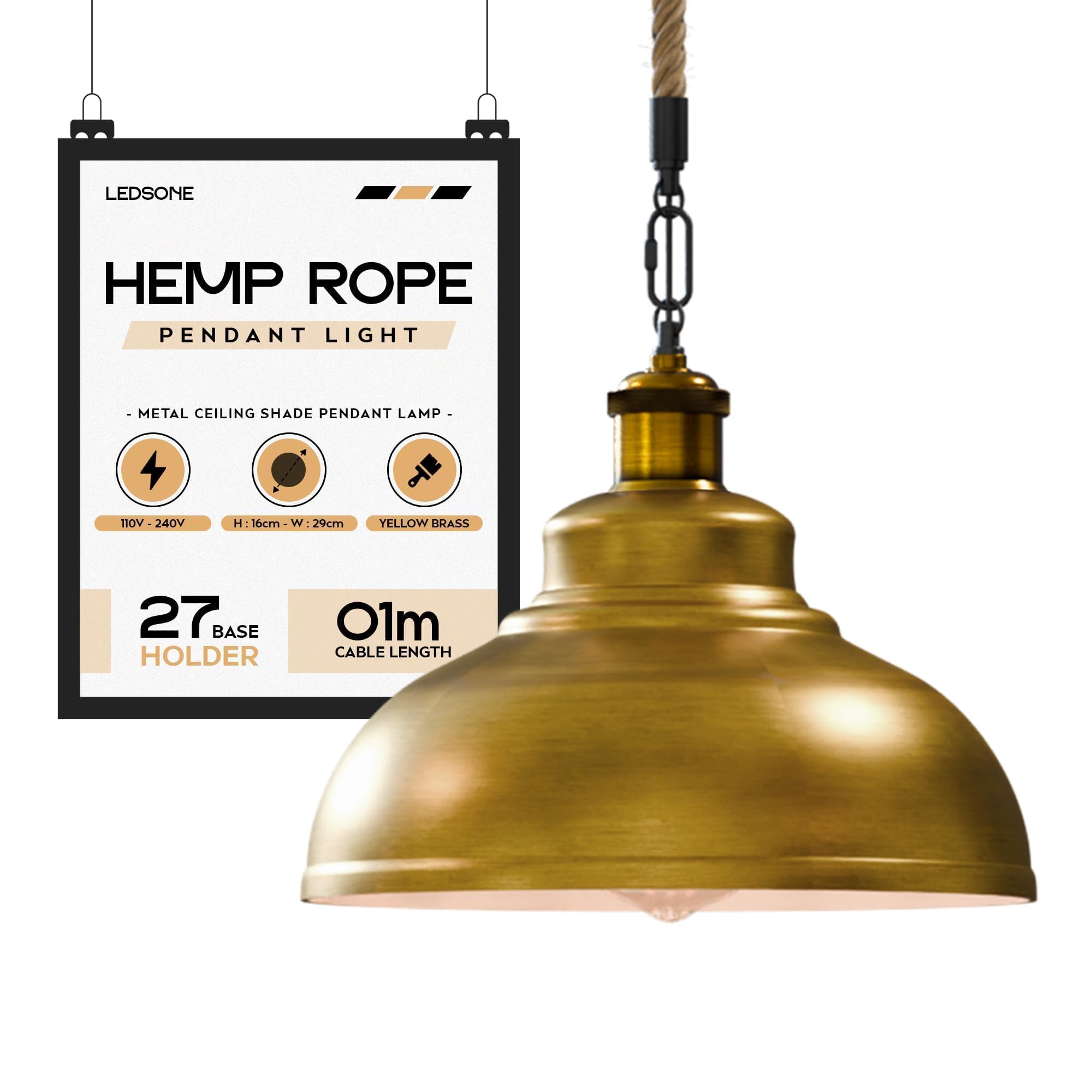 LEDSone Vintage Pendant Light, 29cm Industrial Hemp Rope Ceiling Light