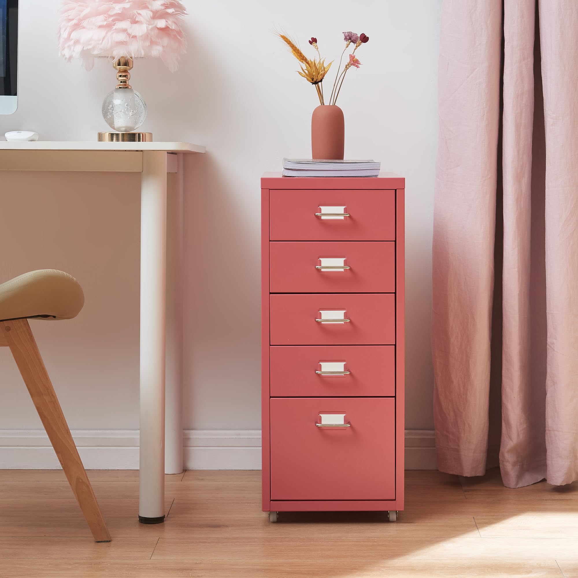 [en.casa] Caisson de Bureau 5 Tiroirs Meuble de Rangement Roulant Organisateur pour Documents Dossiers avec Porte-Étiquettes Fournitures de Bureau Robuste Moderne Acier 69 x 28 x 41 cm Rouge Pastèque
