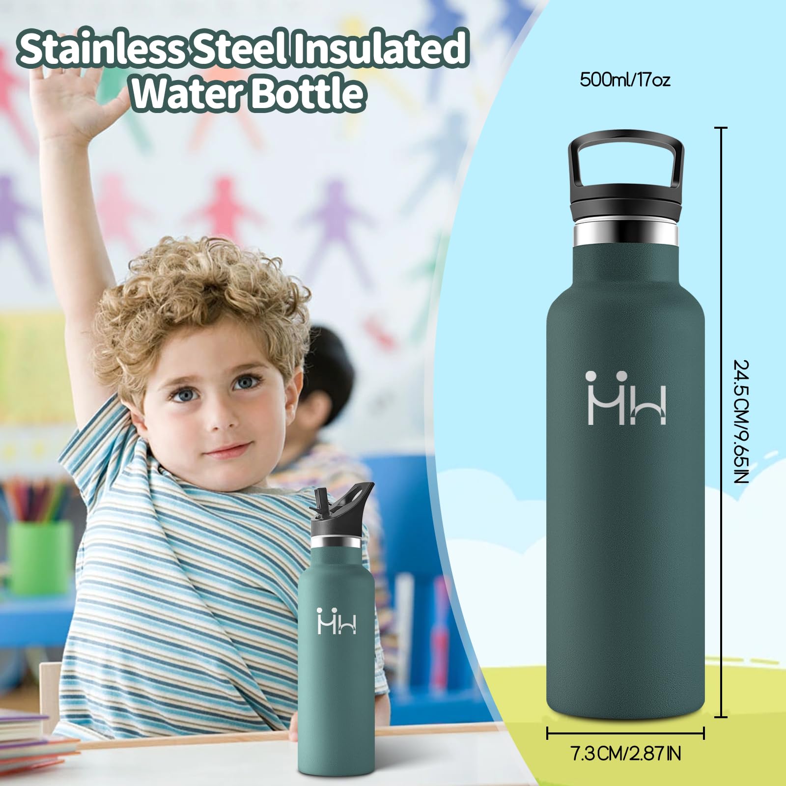 HoneyHolly Borraccia Termica Bambini 500ML, Senza BPA, Bottiglia Termica, Acciaio Inossidabile 18/8, Borraccia Con Cannuccia, A Prova Di Perdite, Borracce Per Scuola, Sport, Ufficio