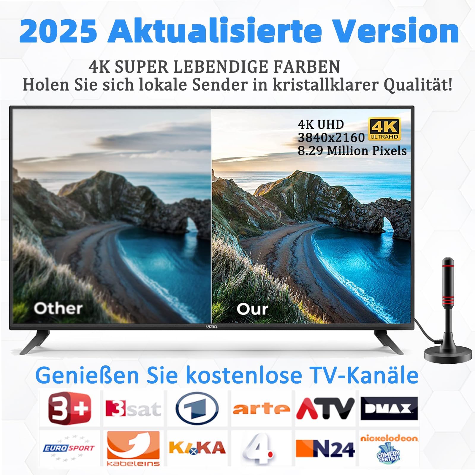 Antenna TV Interna, Antenna TV Interna HDTV Digitale 500+ Miglia Amplificata con Base Magnetica/Amplificatore di Segnale Support 4K HD/1080P/VHF/UHF per Home Smart Televisione/Radio, Cavo Coassiale 5M