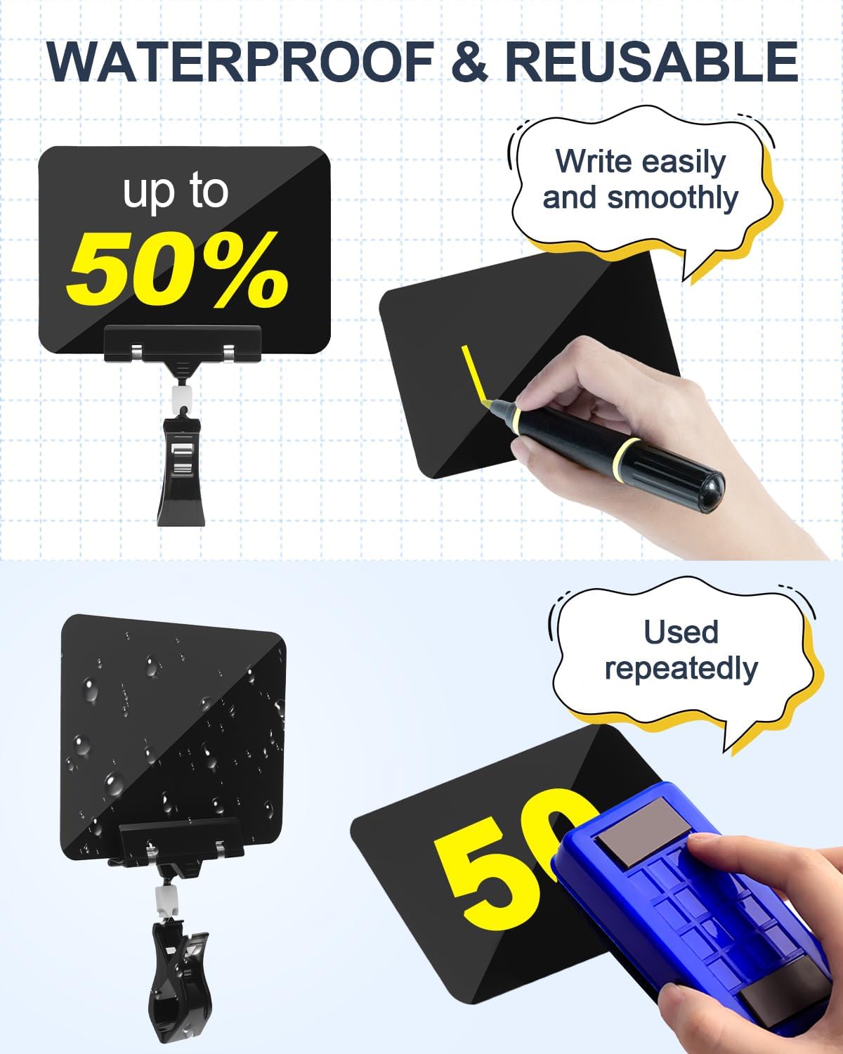 eZAKKA Double Sided Clips with Chalkboard, Rotating Sign Holder Price Tag Merchandise Sign Display Clip Holder for Store, Business, Party, Office, Exhibition, Black, 10 Pack - Image 5