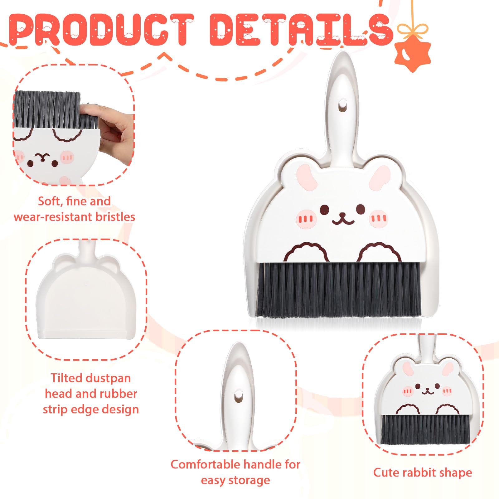 Ensemble balai et pelle à poussière portable, motif lapin mignon, mini balai et pelle à poussière portable avec brosse durable, pelle à poussière légère et balais pour bureau, cuisine, nettoyage
