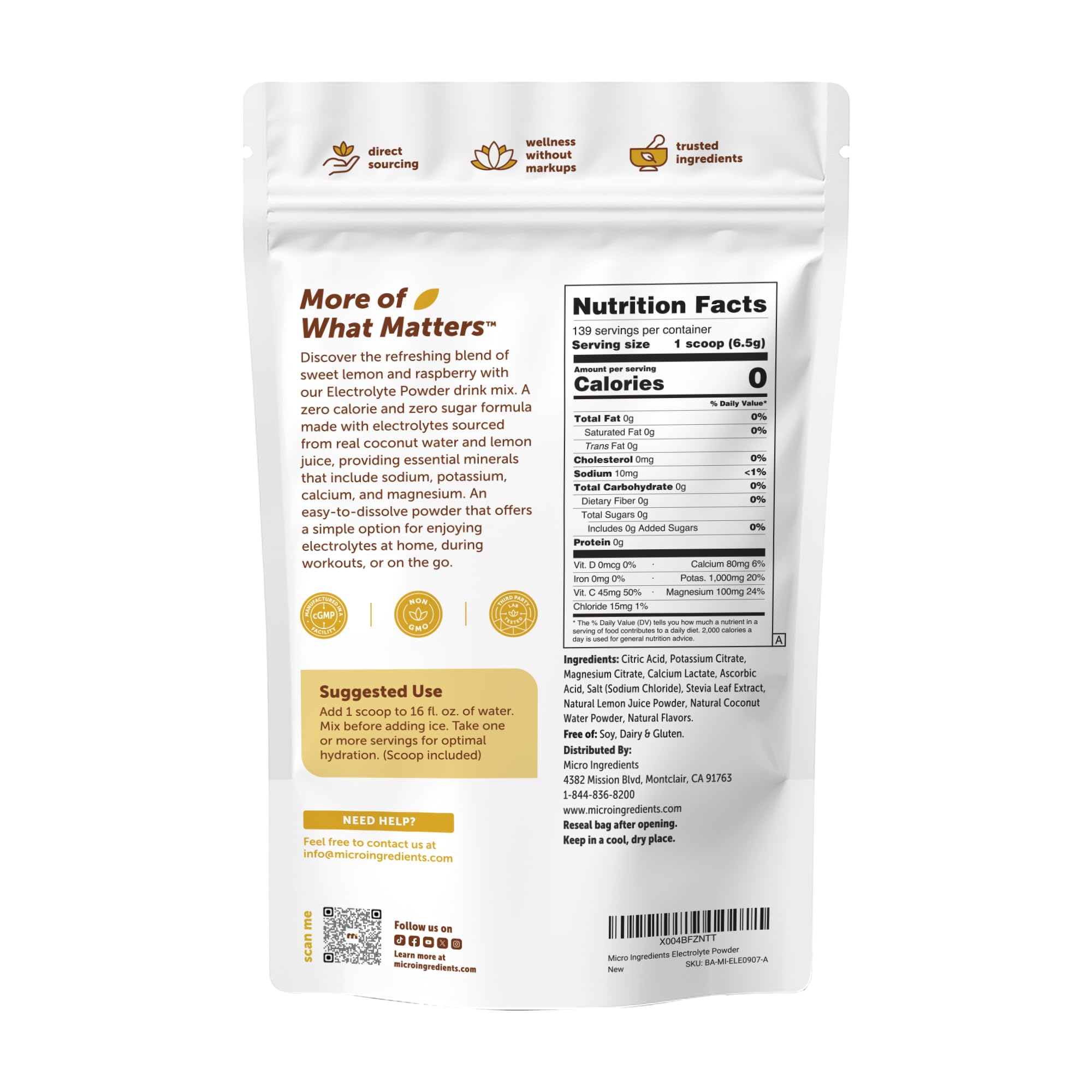 sc Nutra - Micro ingrédients hydratant électrolyte en poudre, 2lbs (139 portions), kéto et sans sucre élevé en potassium