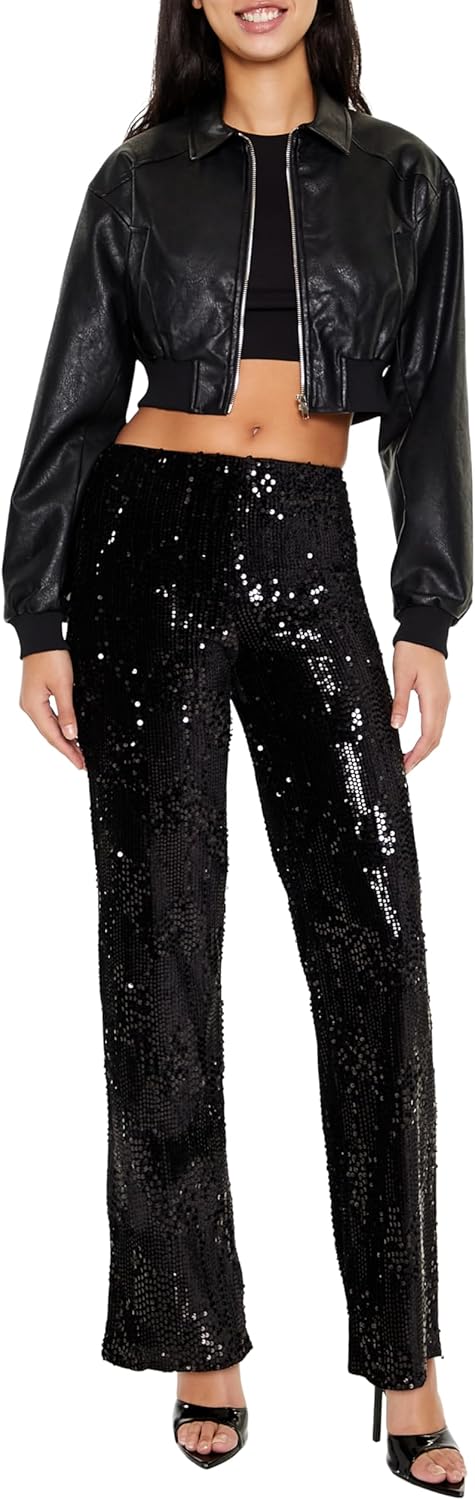 Forever 21 womens Sequin High-rise Straight Pants