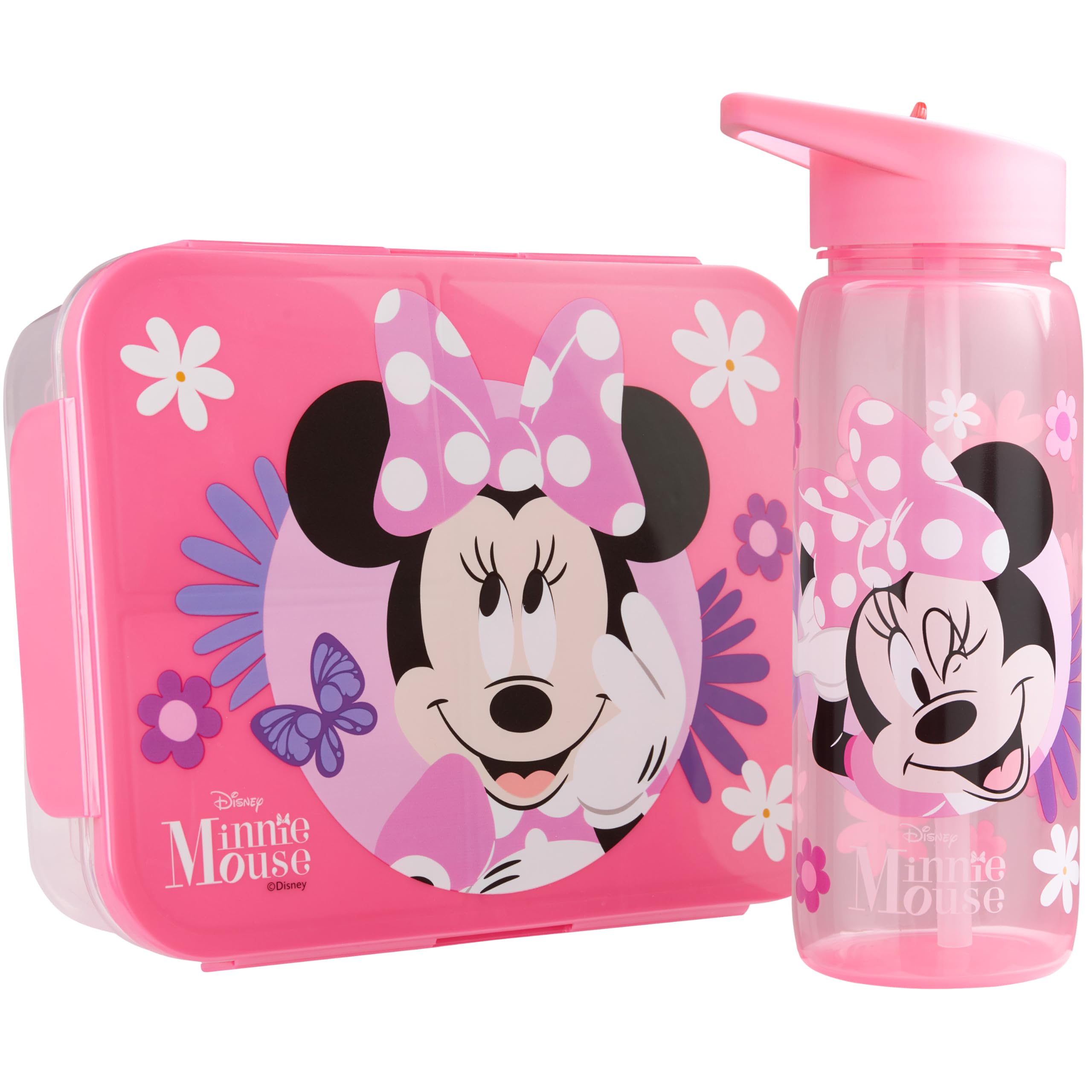 Get Trend Disney Minnie Mouse Kids Bento Lunch Box and 640ml Water Bottle Set, BPA-Free Snack Lunch Box with Compartment Set for School, Travel & Picnics, School Supplies Gifts for Girls (Pink Minnie)