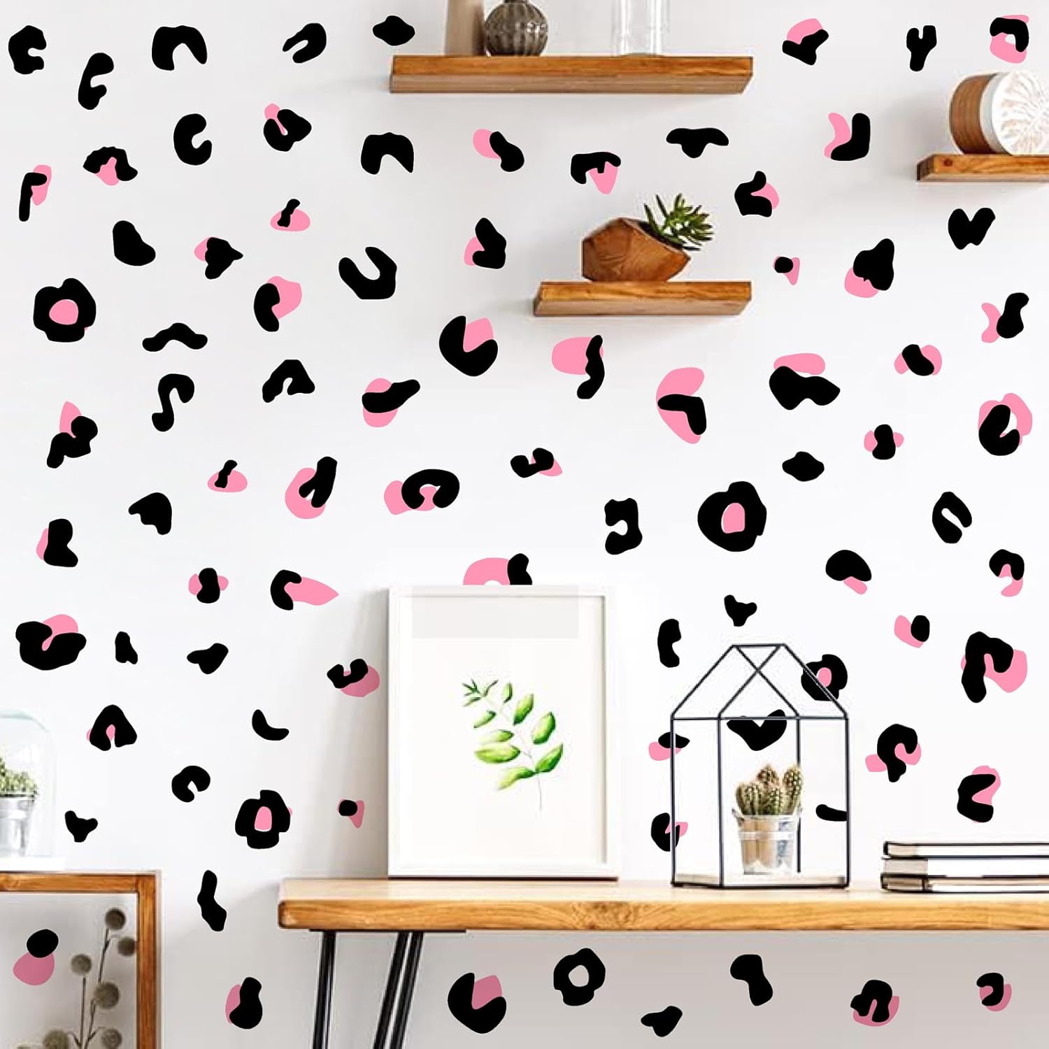 Leopard Print Wall Decals Peel and Stick Cheetah Pattern Sticker Animal Prints Stickers Removable Modern Black Pink Vinyl Decals Irregular Polka Dot Wall Stickers for Nursery Bedroom