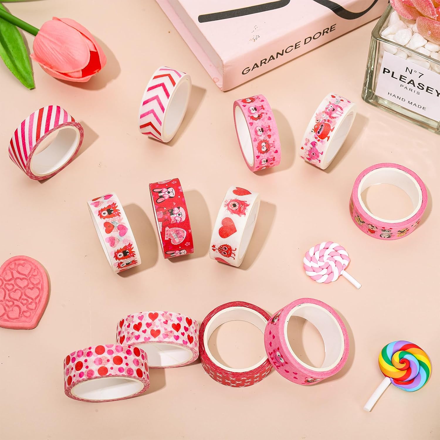 Whaline 12 Rolls Valentine’s Day Washi Tape Cute Monsters Washi Tape Red Pink Masking Decorative Gift Wrapping Paper Tape for DIY Craft Scrapbook Envelope Party Favor Supplies