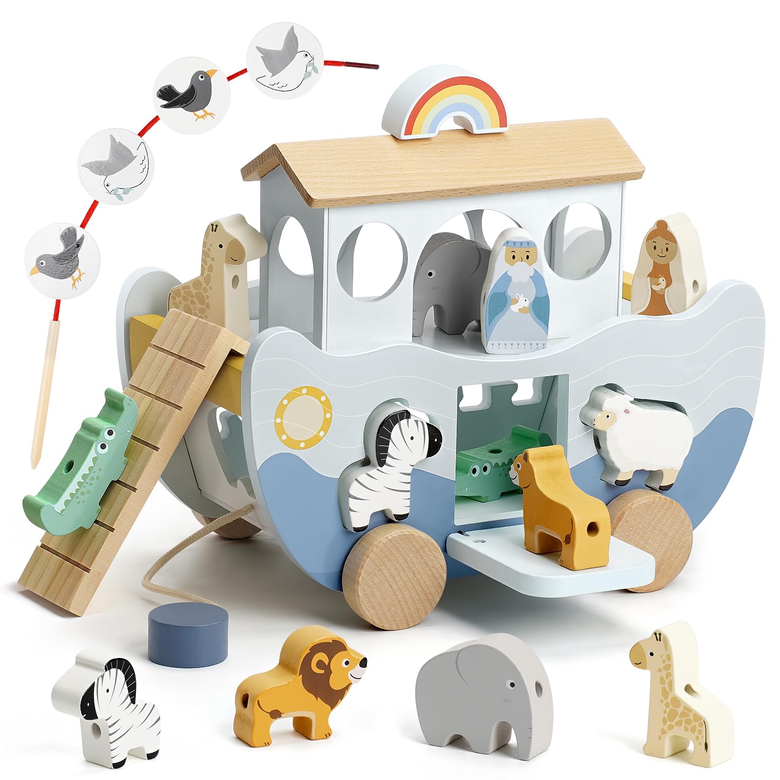 Joyreal Arche Noah Holz - Taufgeschenke für Mädchen Jungen Kinder, Montessori Spielzeug Lernspielzeug mit Bauernhof Spielzeug Sortier Stapel, Geschenk Taufe