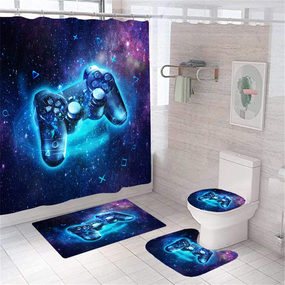 Game Shower Curtain Kids Boys Gaming Bath Curtain with 12 Hooks Modern Gamer Bathroom Decor Teens Gamepad Shower Curtain Set for Stalls Bathtubs 72" Wx72 L Waterproof (Black)