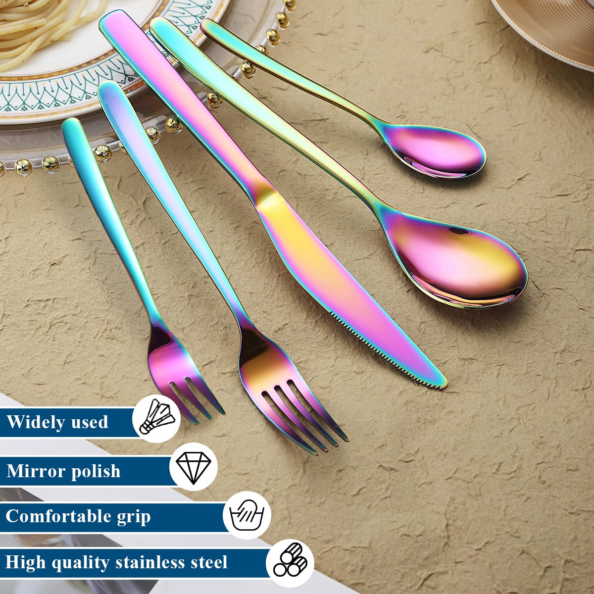 Service de couverts 60pièces pour 12 personnes, ReaNea service de couverts arcenciel, cuillères de table, fourchettes de table, cuillères à thé, des fourchettes à salade, lavable au lave-vaisselle.