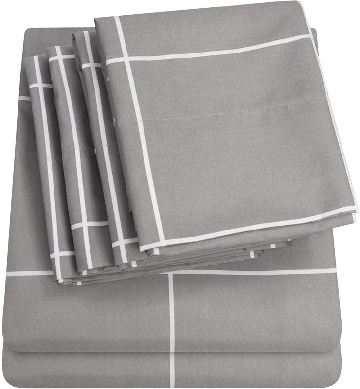 Queen Sheets Window Pane Gray - 6 Piece 1500 Supreme Collection Fine Brushed Microfiber Deep Pocket Queen Sheet Set Bedding - 2 Extra Pillow Cases, Great Value, Queen, Window Pane Gray