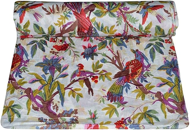 Indian Cotton Traditional Bird and Floral Print Dress Making Running Fabric by The 10 Yard (White, 5 Yard)