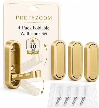 PRETYZOOM 4Pcs Foldable Wall Hooks, Gold Zinc Alloy Folding Coat Hooks for Bathroom Towel Hanging Towels, Robes, Hats, Bags and Keys, Wall Mounted Space Saving Design, 40 lb Capacity