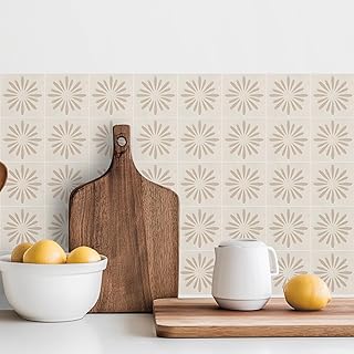 30 Pack, 4x4 Inch Neutral Peel and Stick Tiles, Modern Geometric Sunburs...