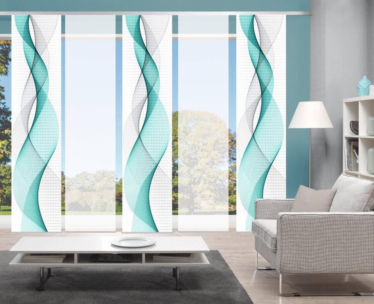 Home Fashion 95669, 5er-Set Schiebegardinen 'OPALIA' | 5 x 245 x 60 cm | inkl. Zubehör | Farbe:, Farbe:türkis