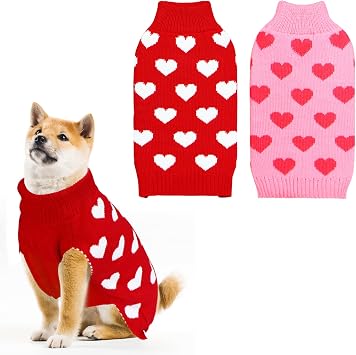 GOYOSWA 2 Pack Valentine Dog Sweater Dog Valentines Clothes Outfit Knitted Heart Sweater for Small Medium Large Dogs Pets Red & Pink, X-Large