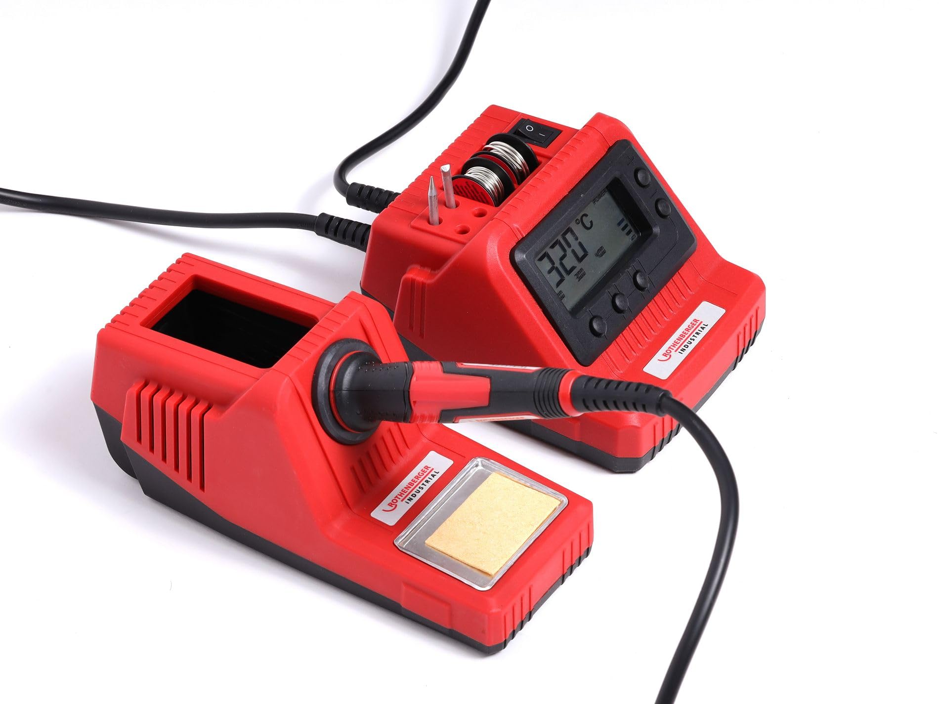 ROTHENBERGER Industrialna stacja lutownicza z cyfrowym wskaźnikiem temperatury | LED | 3 groty lutownicze: 1 x wstępnie zmontowana, 1 x spiczasta, 1 x płaska | 2 rolki lutownicy elektronicznej | 1 x