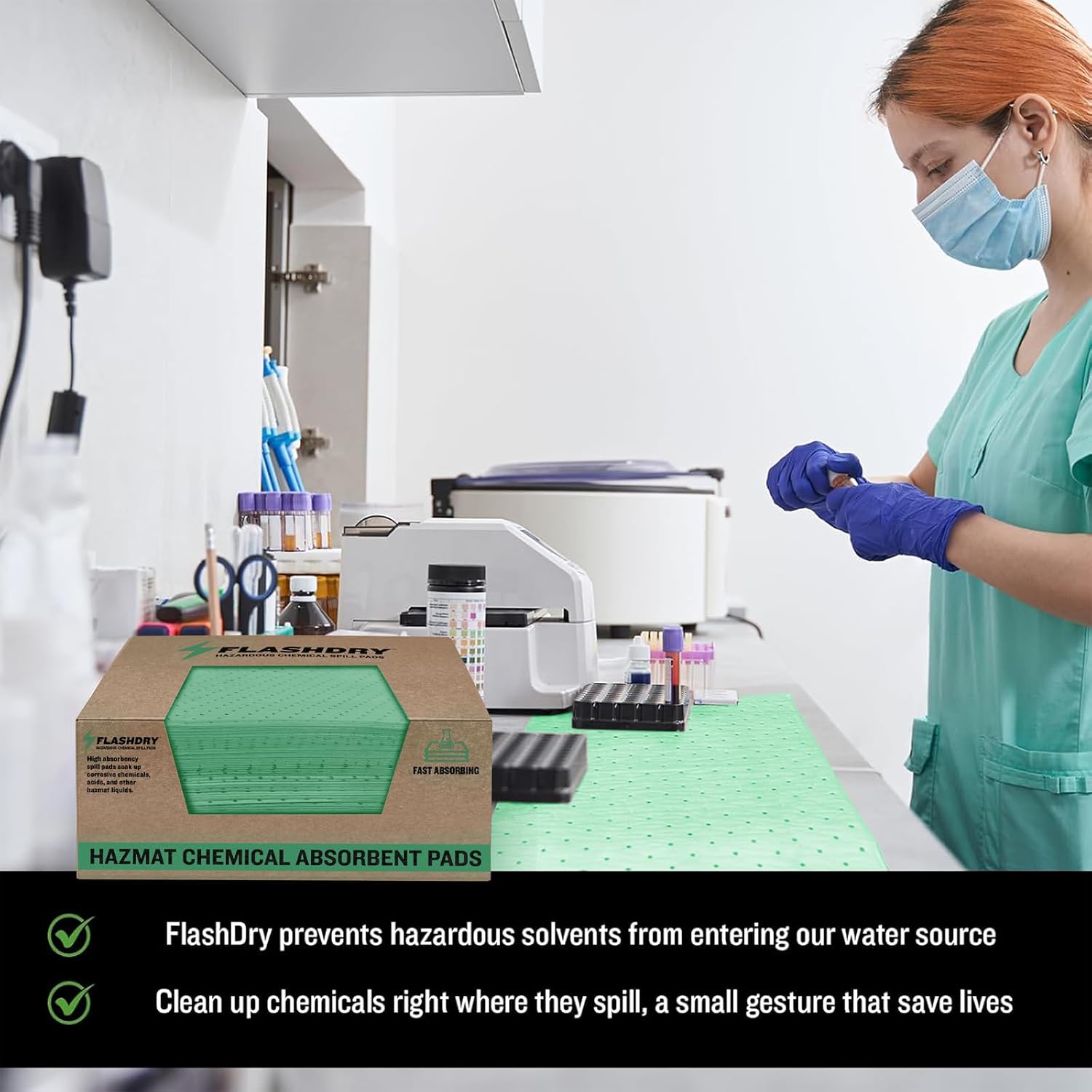 FlashDry Chemical Spill Absorbent Pads, 100 Pads, 17.5"x13.5" - Acid & Base Resistant, Durable, Fast-Wicking Liquid Cleanup for Labs, Chemical Workshops, Efficient Industrial Liquids Spill Control