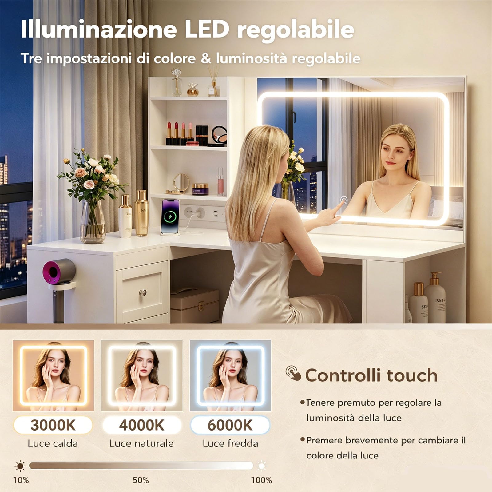 YOUDENOVA Toeletta Trucco con Luci e Prese a Led Regolabili, Toletta con Grande Specchio, Tavolo da Trucco con 3 Cassetti, 7 Ripiani per la Camera da Letto, Bianco