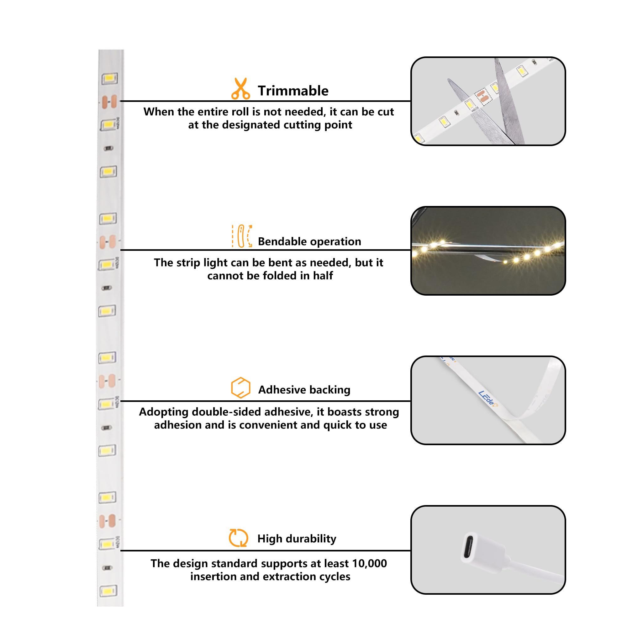 Striscia LED USB C 12 V 5 m, luminosa illuminazione sotto armadio per cucina, retroilluminazione TV e camper, nastro flessibile per stampante 3D e scrivania