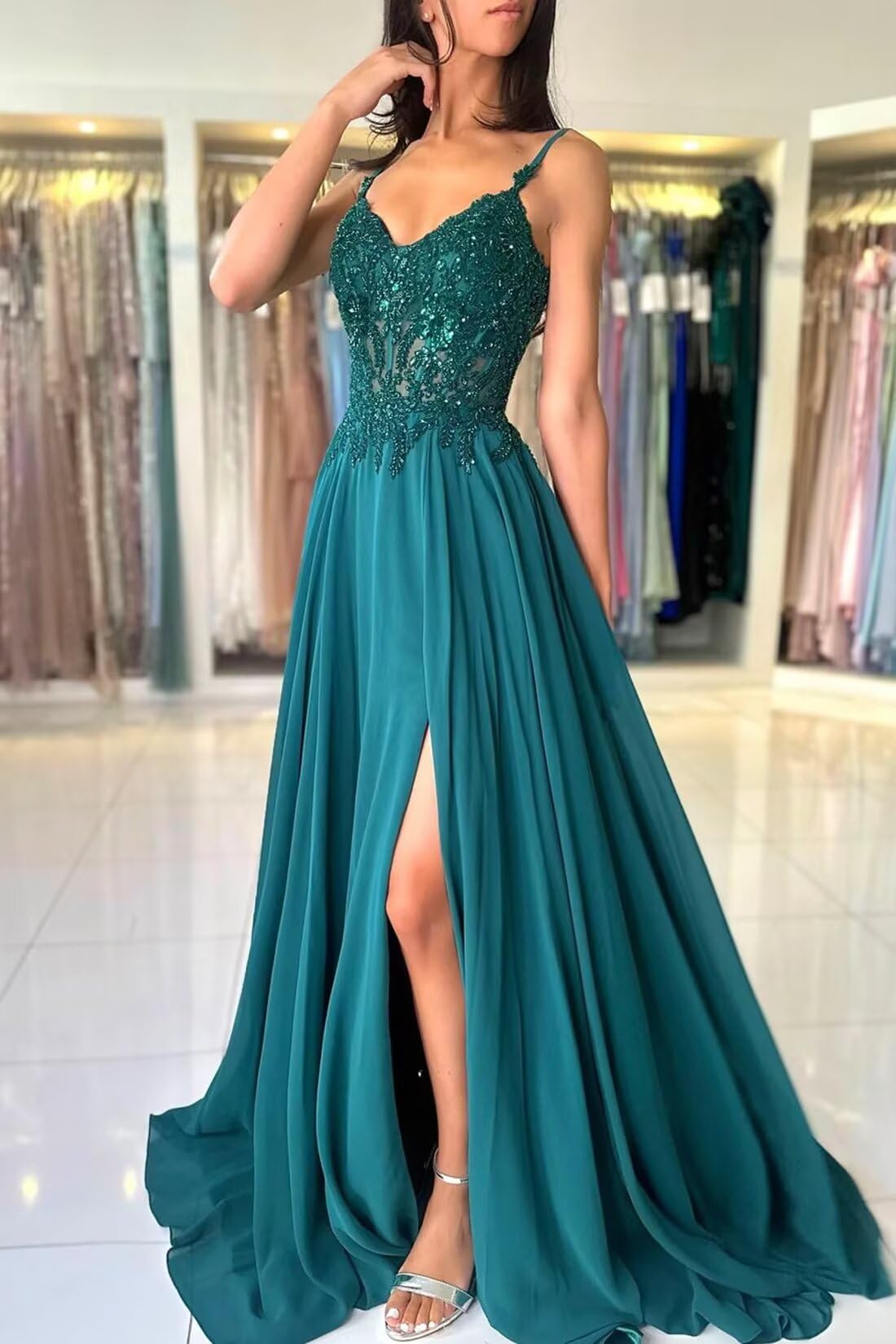 Damen Chiffon Ballkleider Lang V-Ausschnitt Spitzenapplikationen Brautjungfernkleid A-Linie Abendkleider mit Schlitz