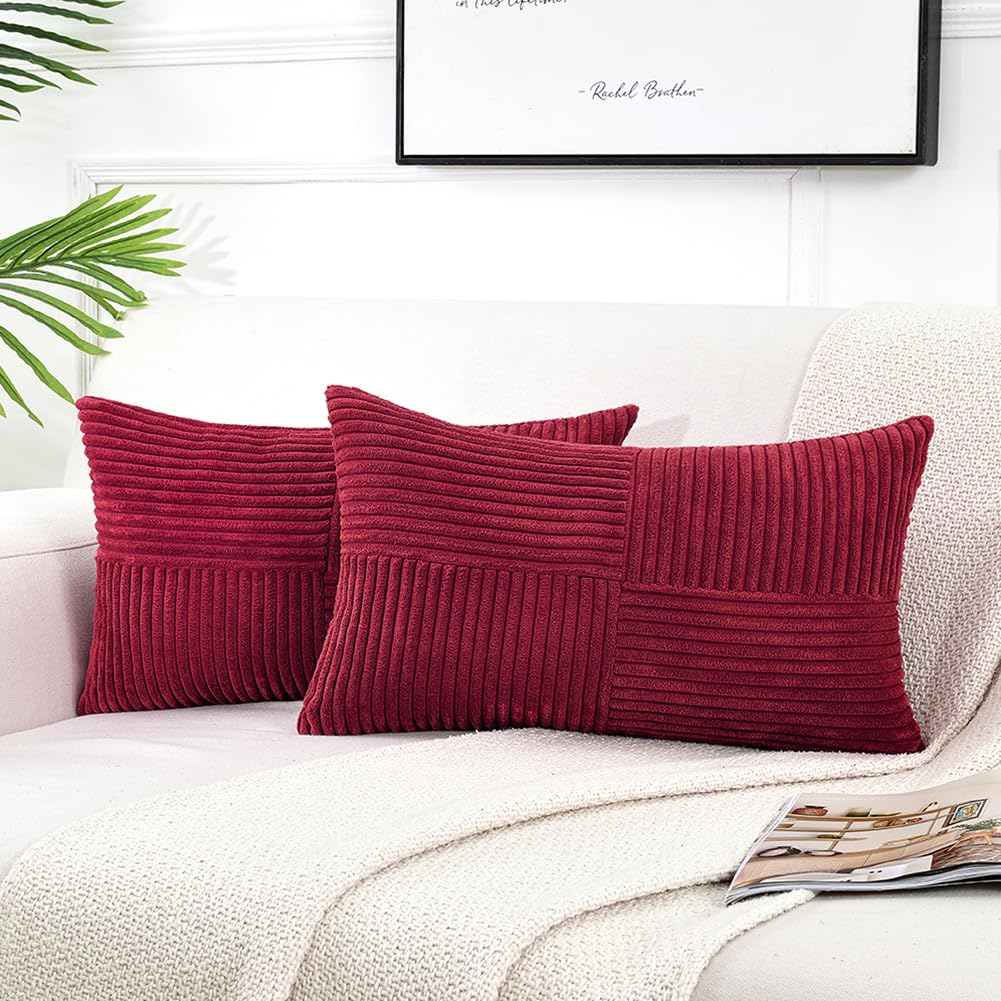 Fancy Homi 2 Packs Burgundy Long Lumbar Decorative Throw Pillow Covers 16x24 Inch for Couch Bed Sofa, Rustic Farmhouse Boho Home Decor, Soft Striped Corduroy Rectangle Accent Cushion Case 40x60 cm