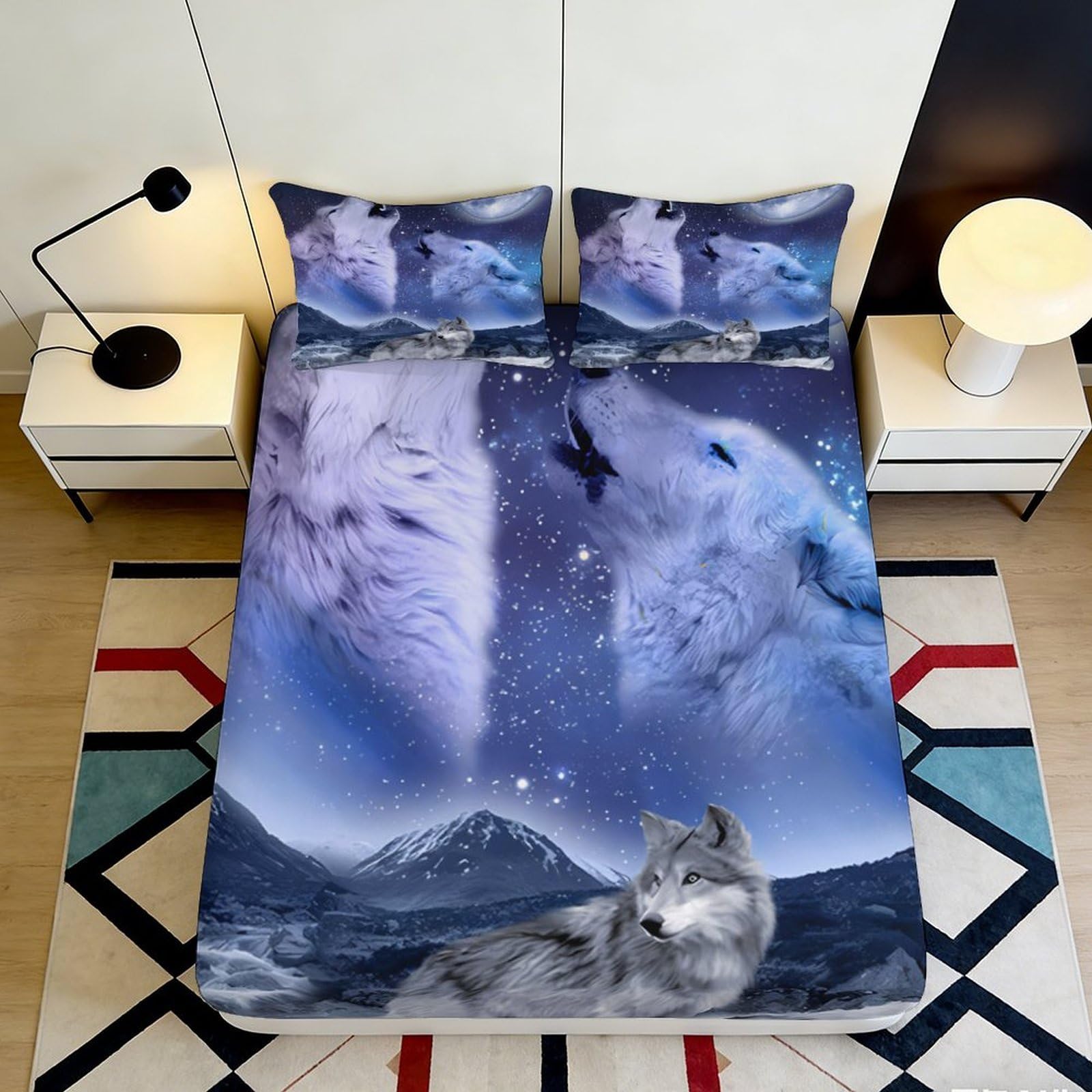 3D Printed Wolf Moon Fitted Sheet Microfiber Soft Breathable Starry Night Mattress Cover for Bedroom Dormitory Guest Room Mattress Protection Decor 120x200x25cm