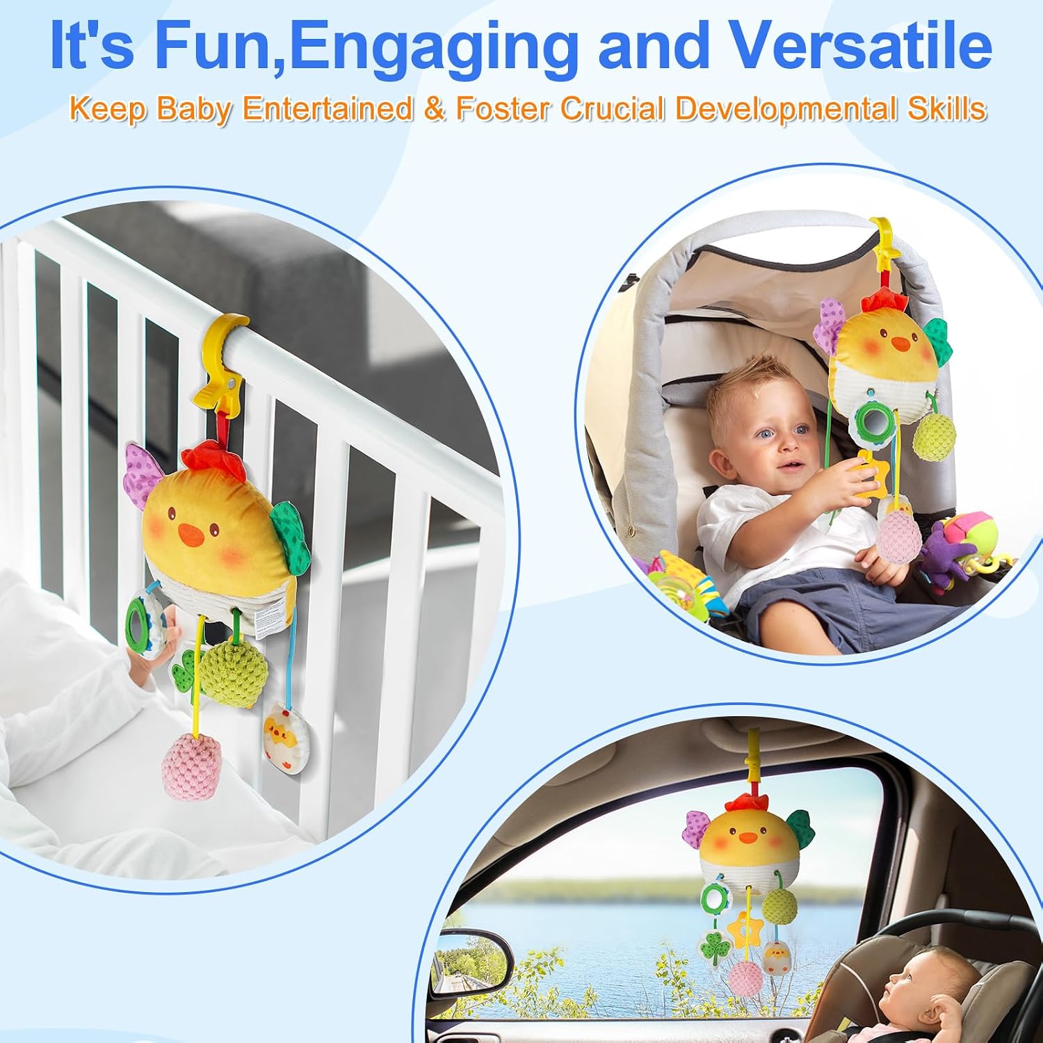 car seat toy for babies 0-6 months, stroller toy with a convenient clip, carseat toys hanging baby accessories,built-in bell, rattle,squeaky,mirror for infant,babies gift 0-3-6-12 months boy girl bay chick toy
