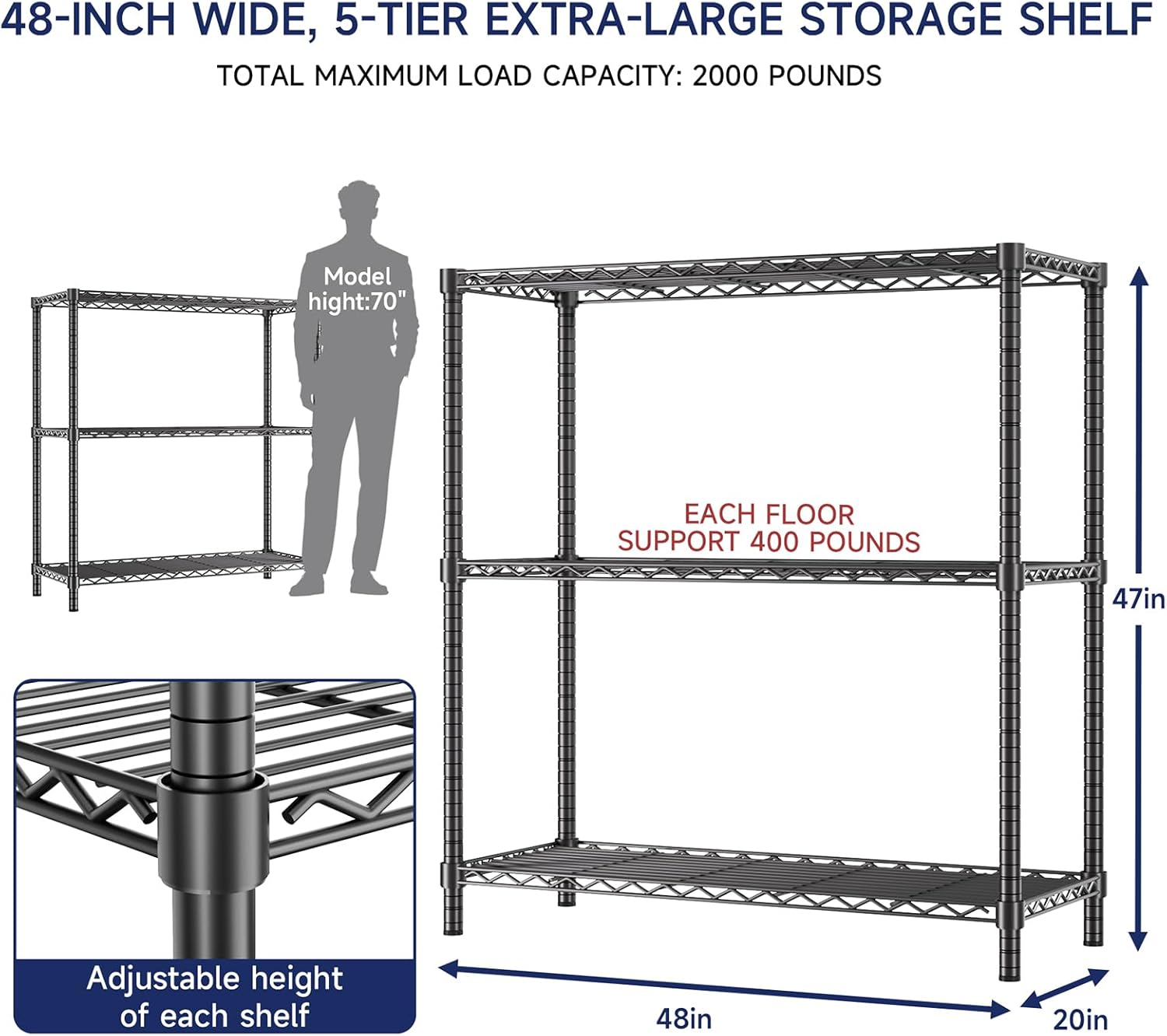 47" H x 48" W x 20" D Wire Shelving Unit, 3-Tier Adjustable Metal Storage Rack, 1200 lbs Capacity per Unit, Pantry Laundry Garage Utility Shelf, 1 Pack