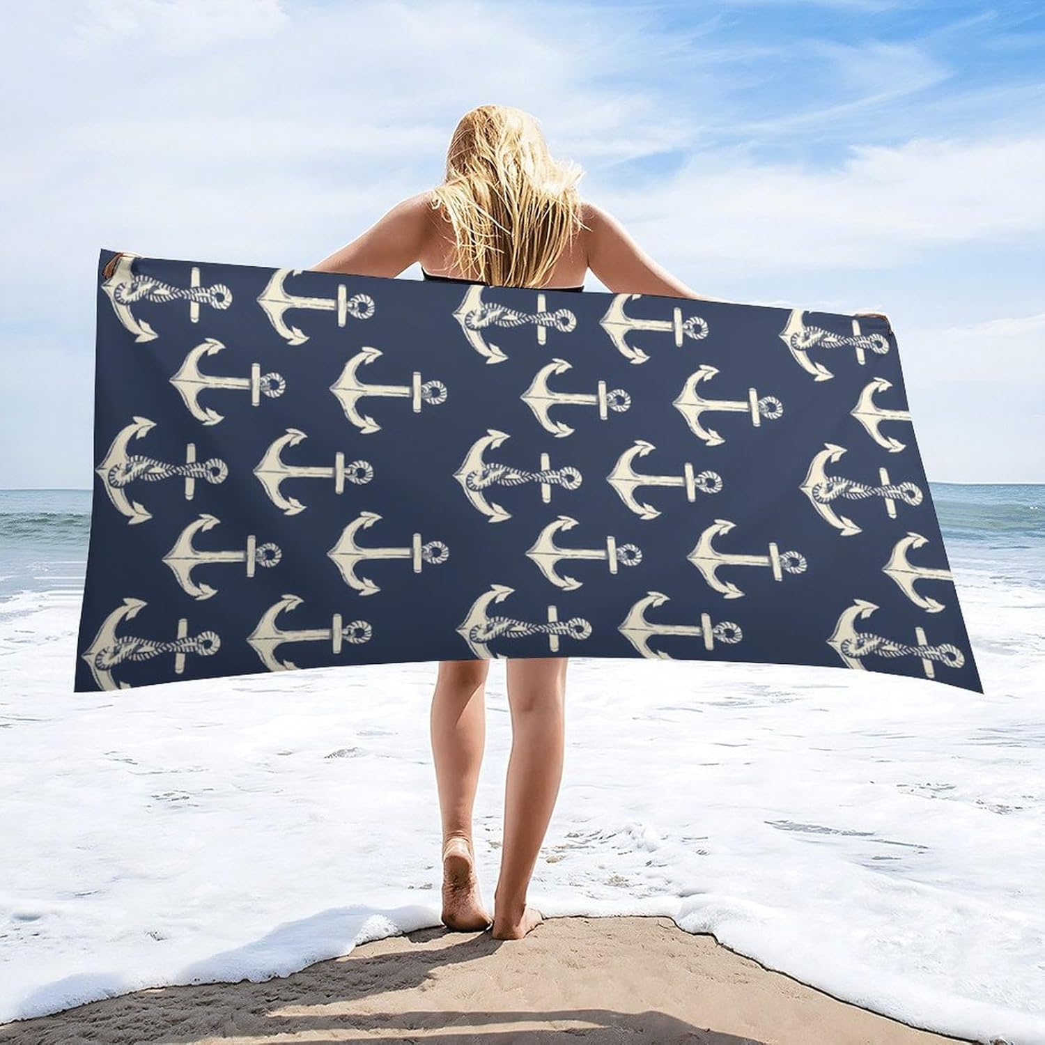 Anchors Nautical Pattern Bath Towel Beach Towels Quick Dry Oversized Bath Blanket Highly Absorbent Towel for Women Men 160x80cm