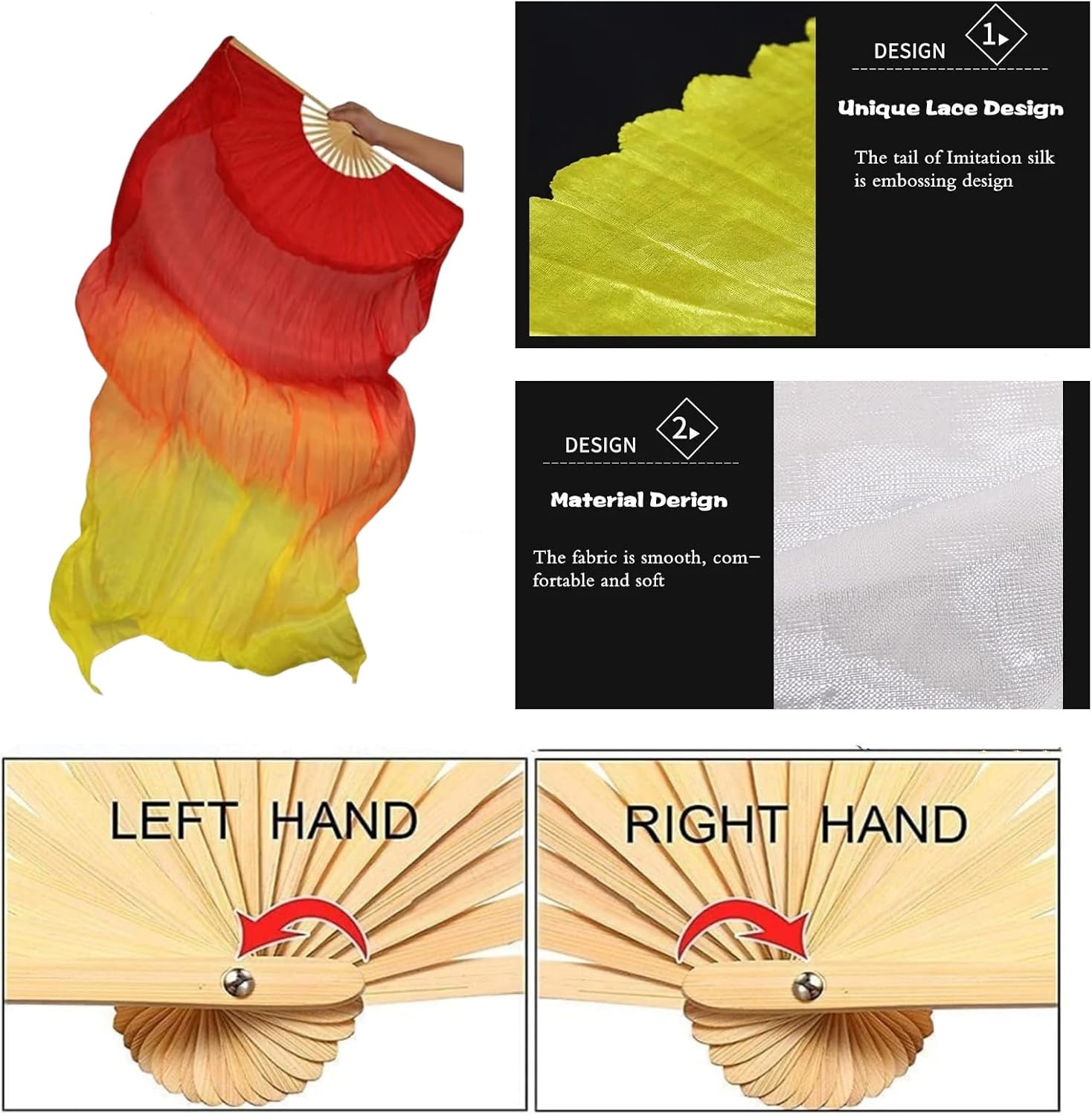 4 Pairs Artificial Silk Belly Dance Bamboo Fans,1.8 Meter/ 5.91 ft Long Belly Dance Silk Fan,Folding Imitated Silk Fans for Dance Dancer Women Dancing Show - Image 4