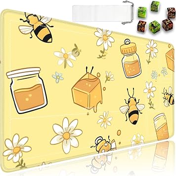 for MTG Playmat with Zones, 24 x 14 in Smooth Surface Card Game Playmat, for TCG Playmat with Storage Bag and 6 Dice, Cute Bee and Honey Pot Pattern Yellow for MTG Mat Mouse Pad