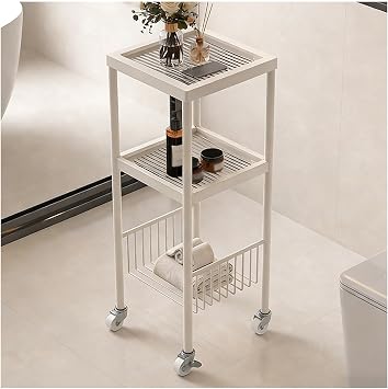 Metal Storage Shelves, Bathroom Organizer Rolling Utility, Display Rack with Wheels, Movable Side Table for Bathroom Or Living Room Kitchen OfficeWhite,25x25x82cm