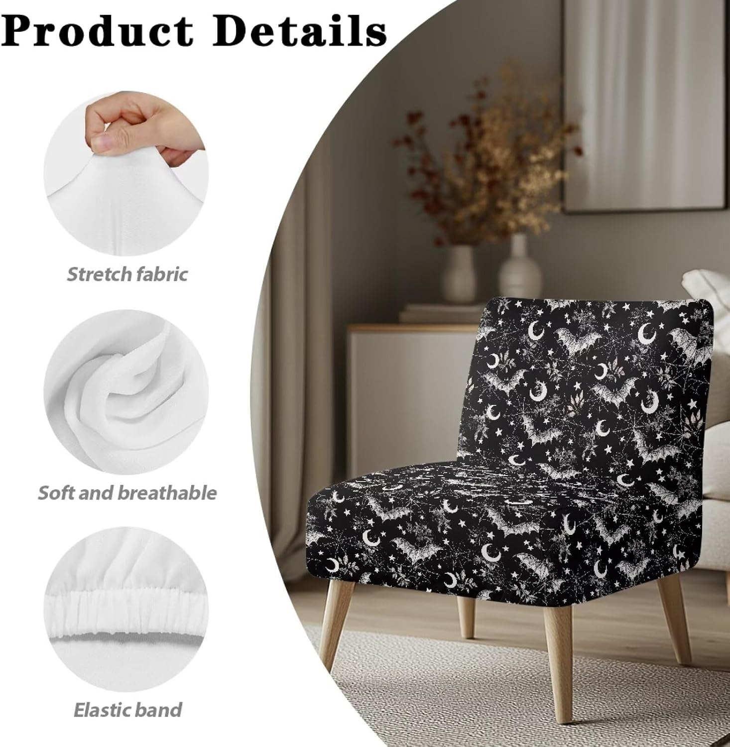 Halloween Armless Accent Slipper Chair Cover Halloween Bat Print Scratch Resistant Slipper Chair Slipcover Removable Anti-Slip Slipcover for Living Dining Room Hotel Holiday Decor